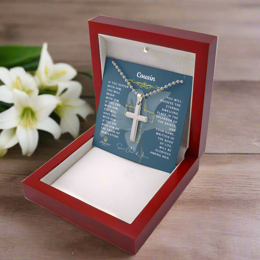Cousin (Male) Cross Necklace with Saint Clare of Assisi Quote
