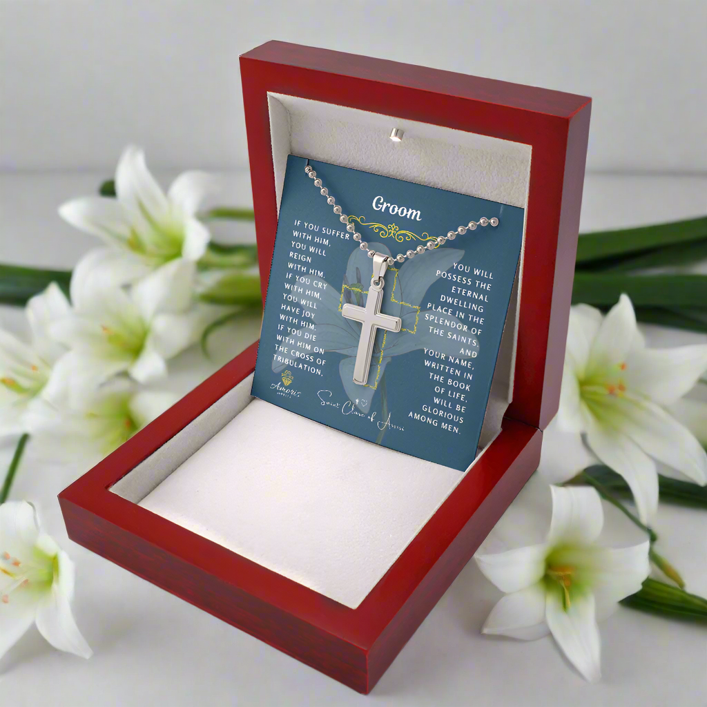 Groom Cross Necklace with Saint Clare of Assisi Quote