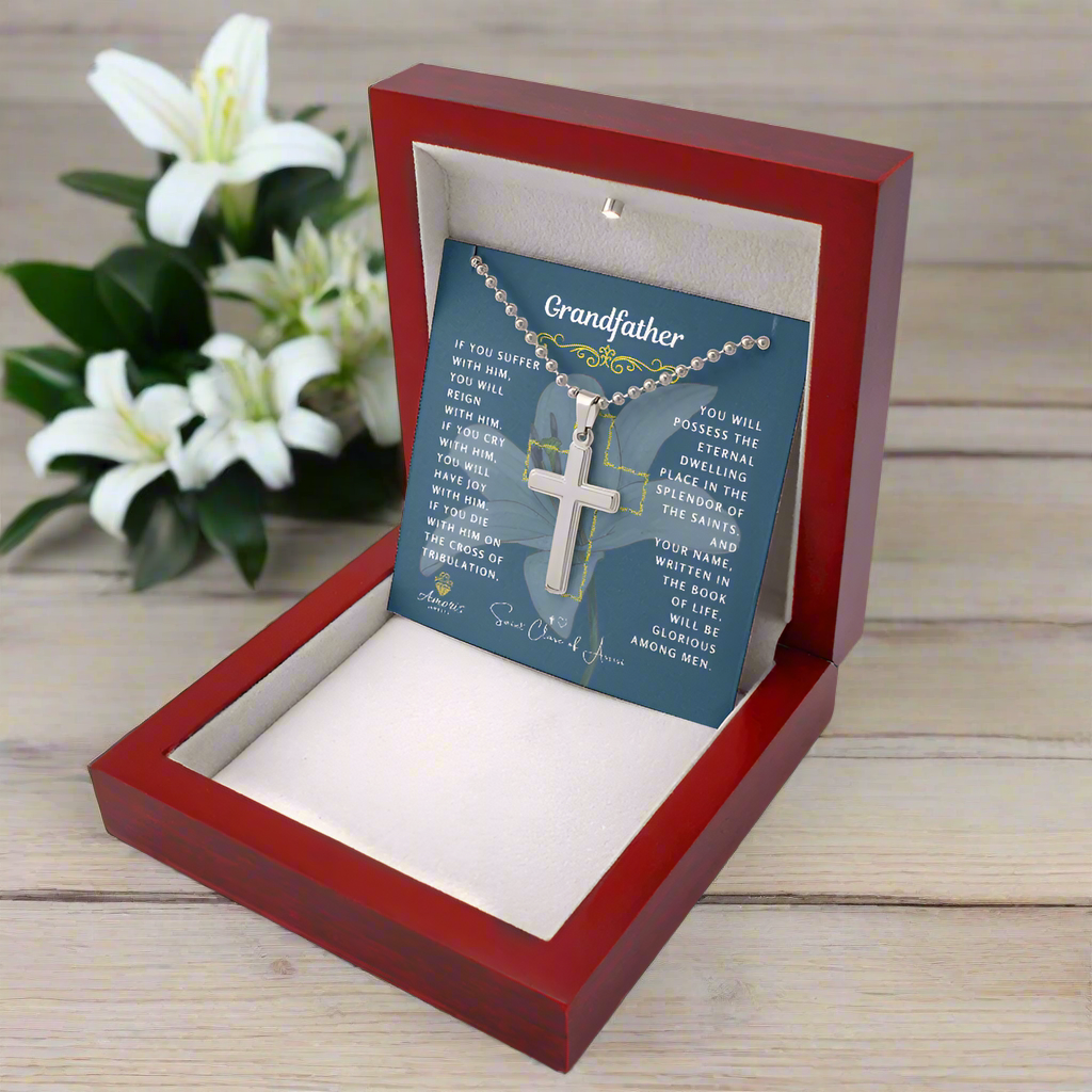 Grandfather Cross Necklace with Saint Clare of Assisi Quote