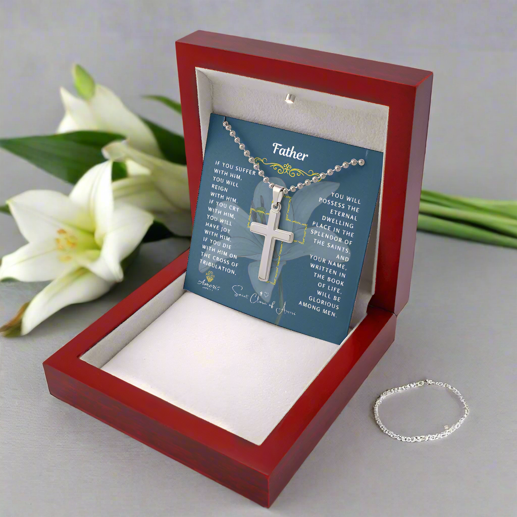 Father Cross Necklace with Saint Clare of Assisi Quote