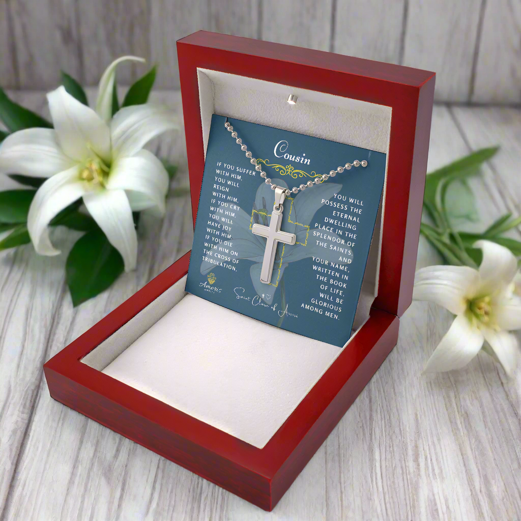 Cousin Cross Necklace with Saint Clare of Assisi Quote