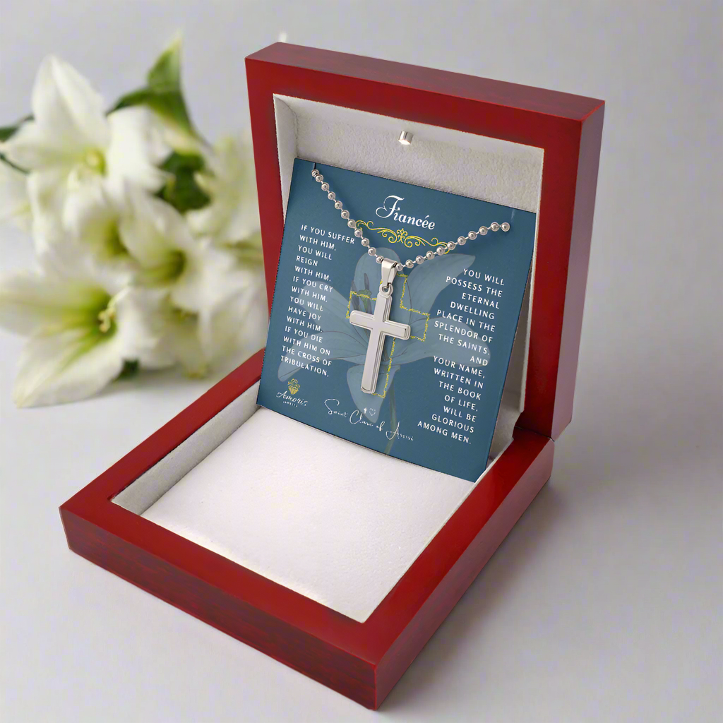 Fiancée Cross Necklace with Saint Clare of Assisi Quote
