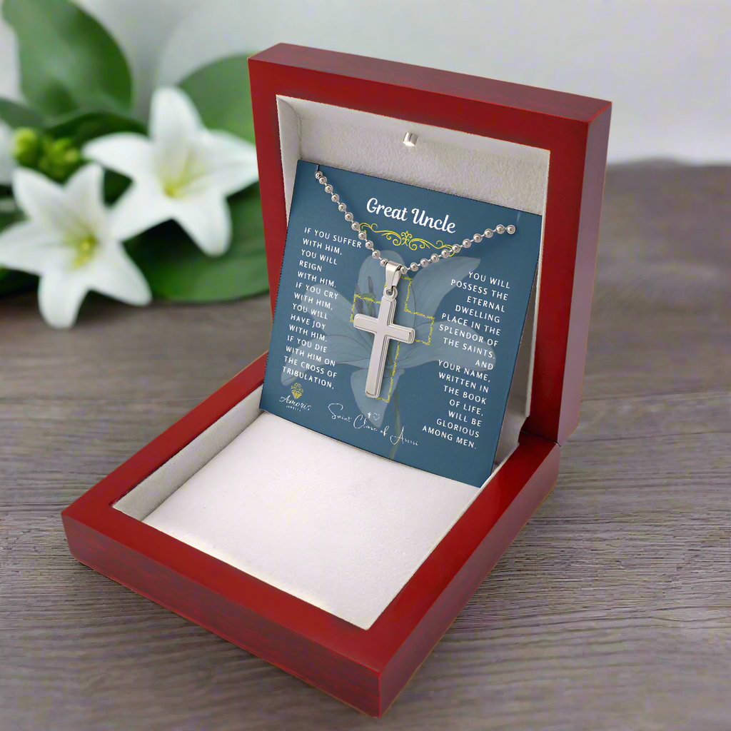 Great Uncle Cross Necklace with Saint Clare of Assisi Quote