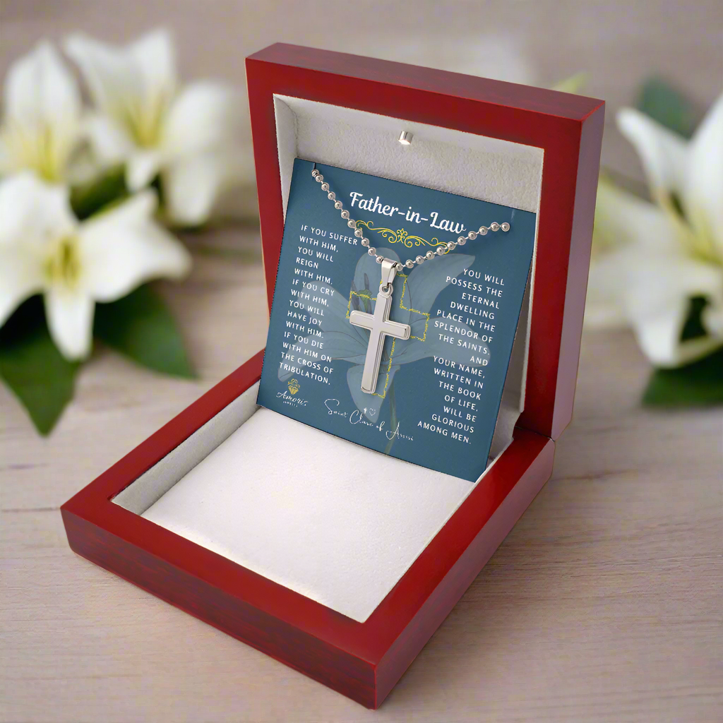 Father-in-Law Cross Necklace with Saint Clare of Assisi Quote
