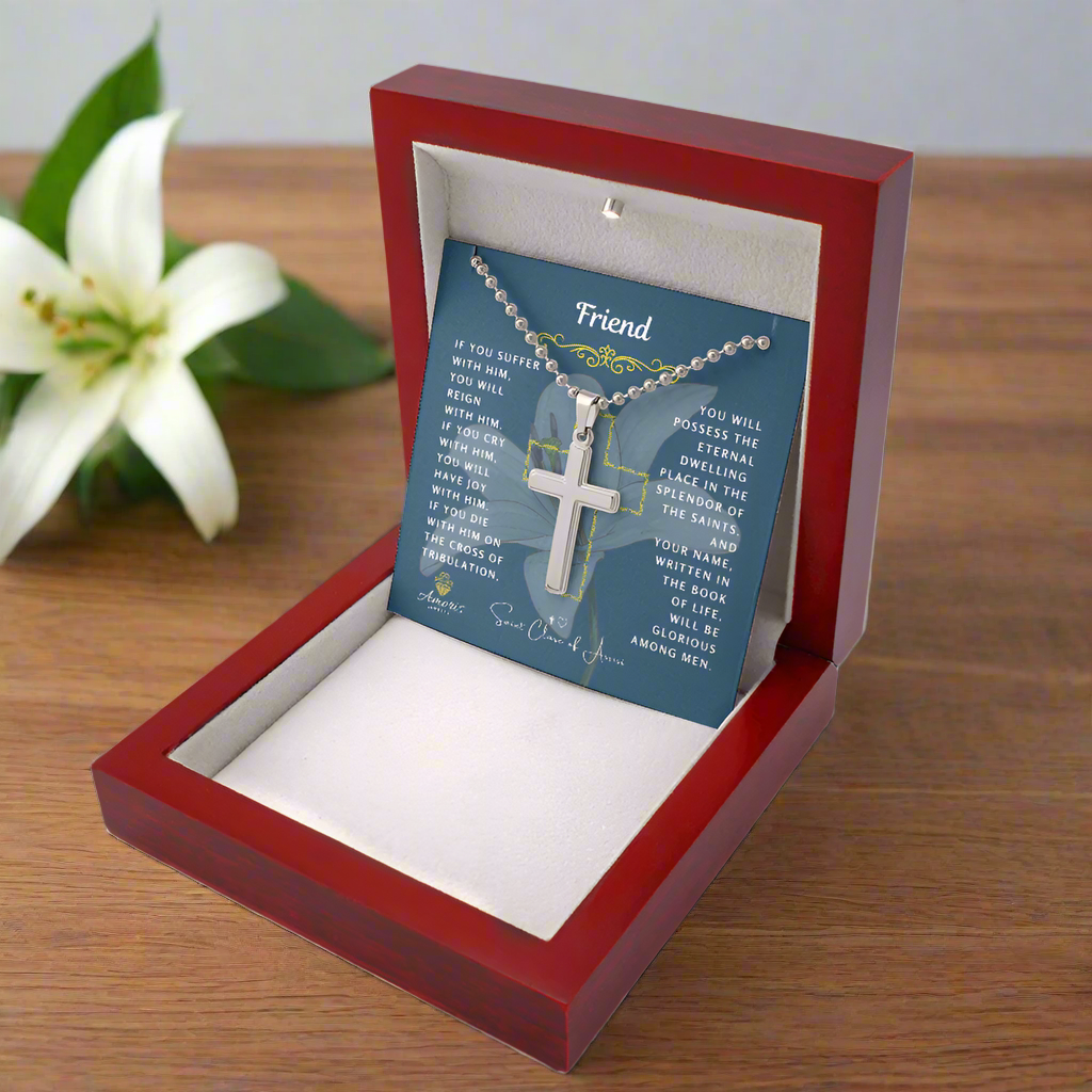 Friend (Male) Cross Necklace with Saint Clare of Assisi Quote