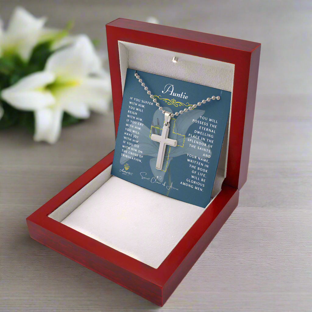 Auntie Cross Necklace with Saint Clare of Assisi Quote