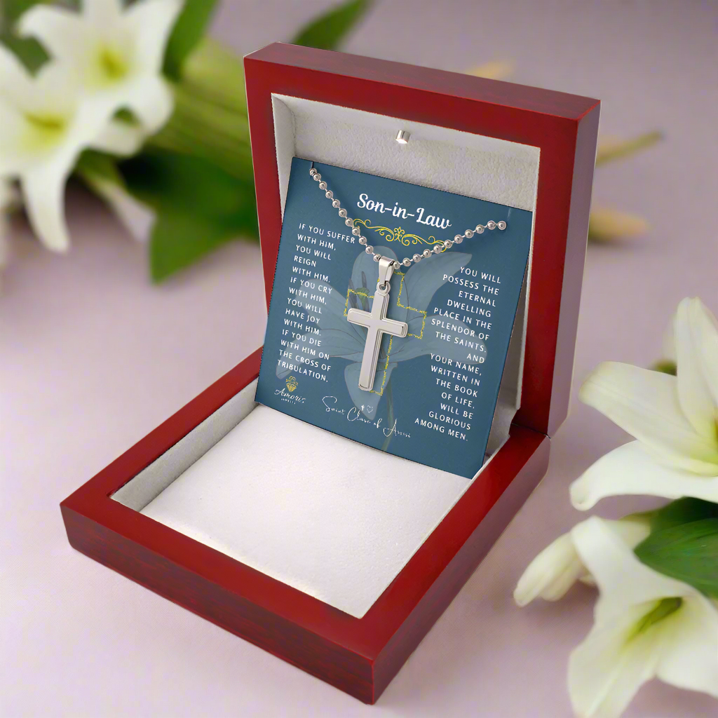 Son-in-Law Cross Necklace with Saint Clare of Assisi Quote