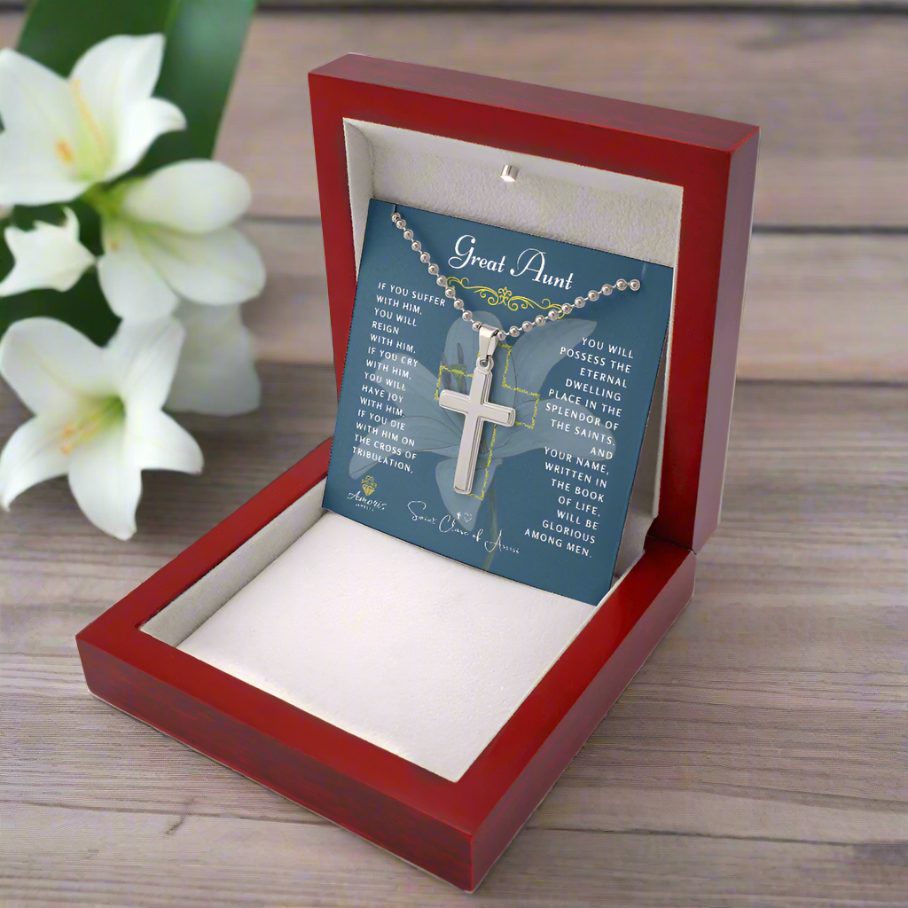 Great Aunt Cross Necklace with Saint Clare of Assisi Quote