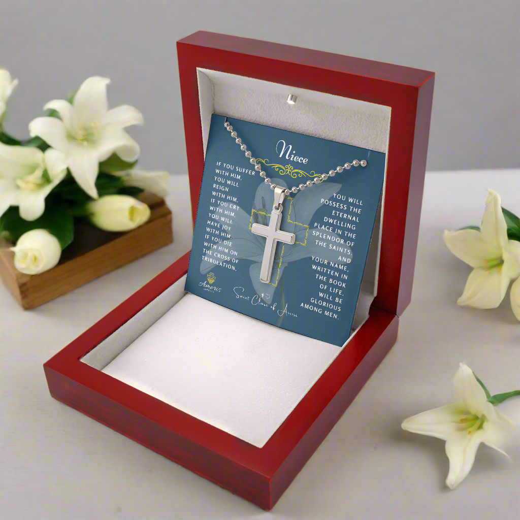 Niece Cross Necklace with Saint Clare of Assisi Quote