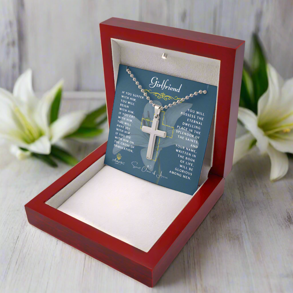 Girlfriend Cross Necklace with Saint Clare of Assisi Quote