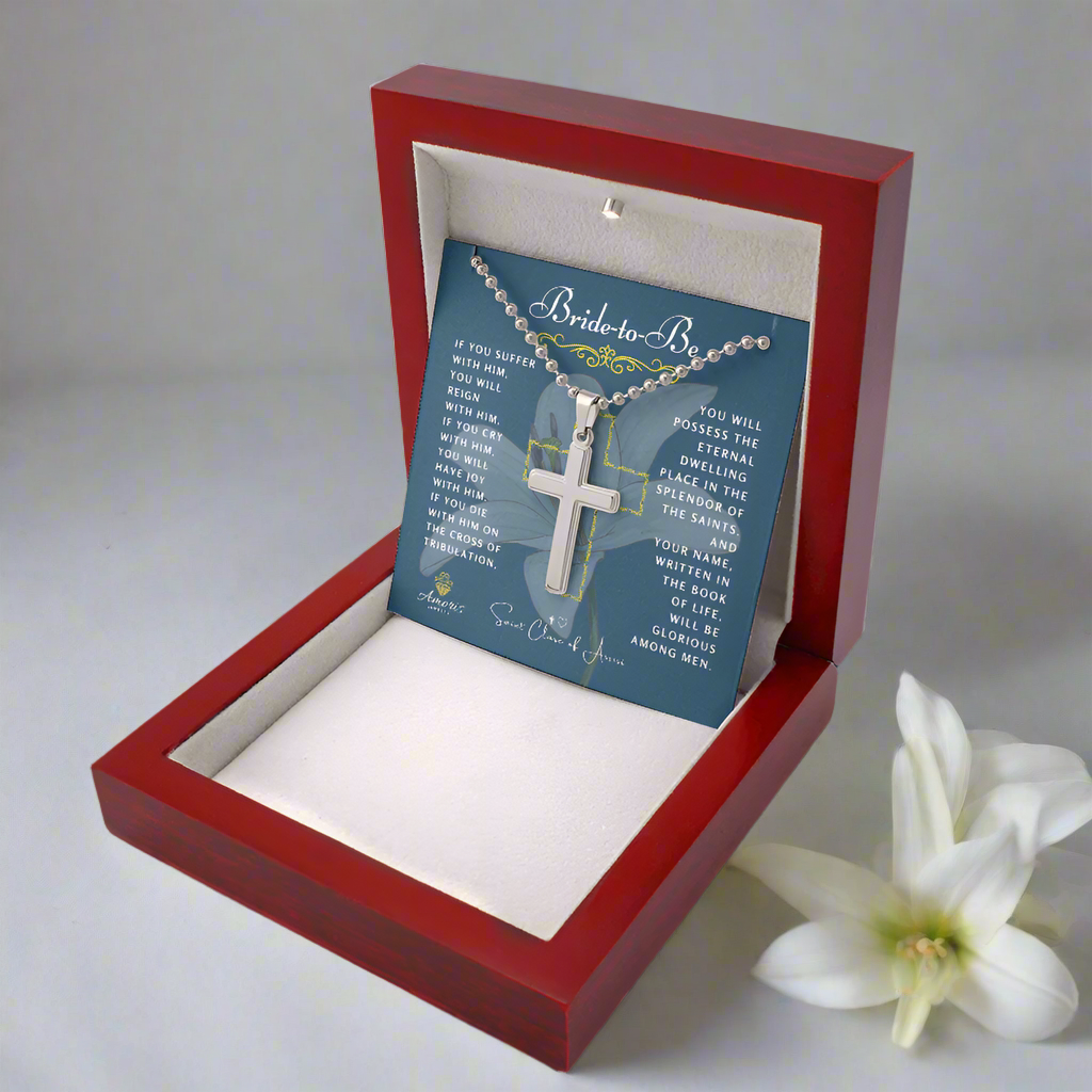Bride-to-Be Cross Necklace with Saint Clare of Assisi Quote