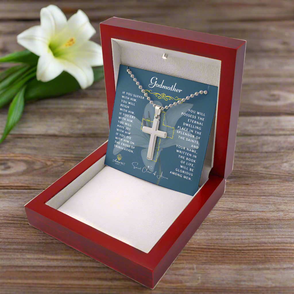 Godmother Cross Necklace with Saint Clare of Assisi Quote