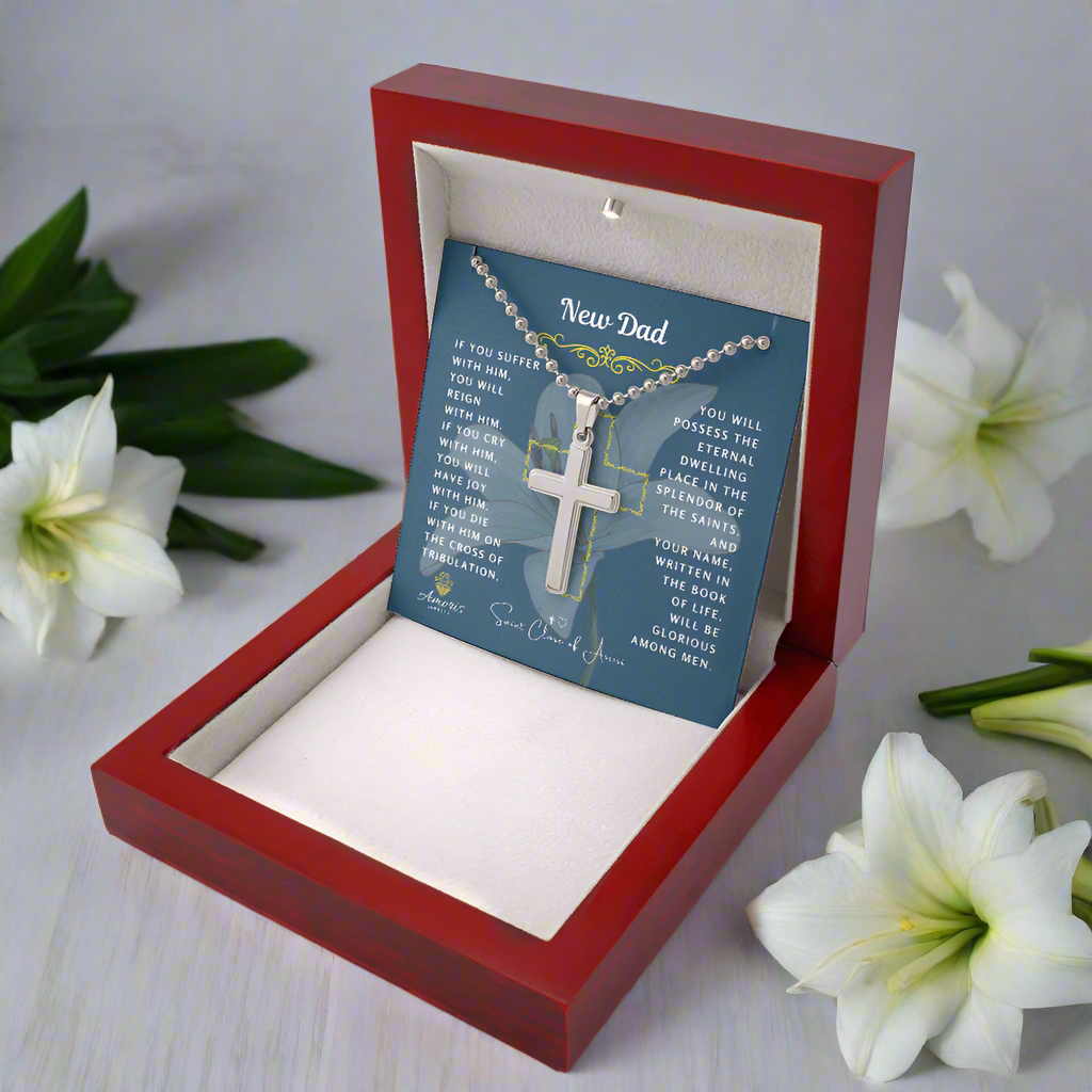 New Dad Cross Necklace with Saint Clare of Assisi Quote