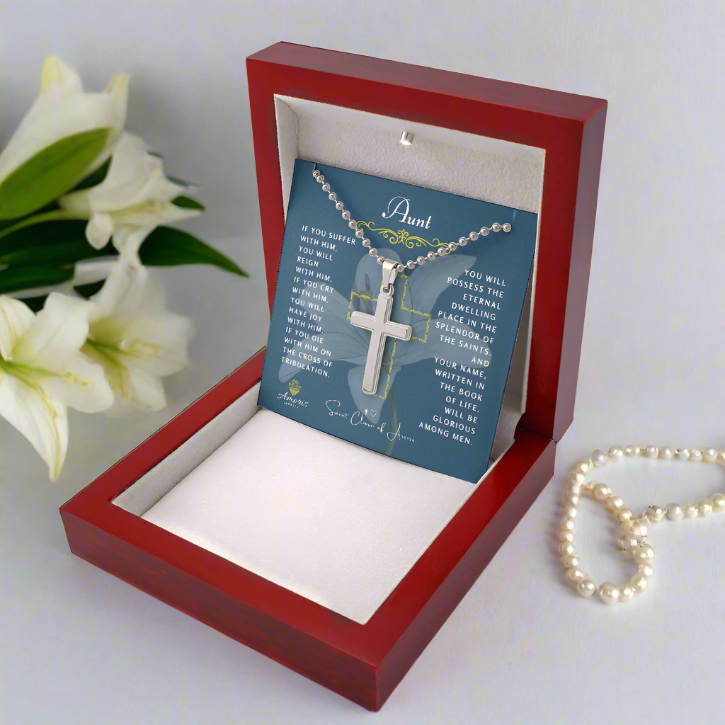 Aunt Cross Necklace with Saint Clare of Assisi Quote
