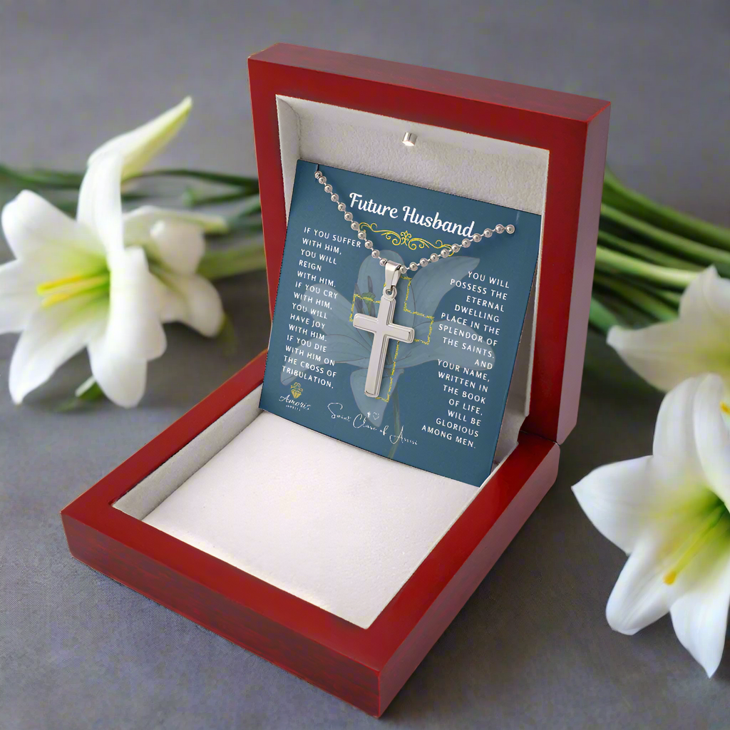 Future Husband Cross Necklace with Saint Clare of Assisi Quote