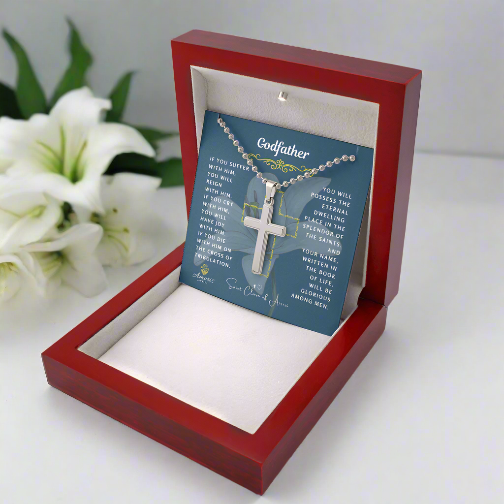 Godfather Cross Necklace with Saint Clare of Assisi Quote