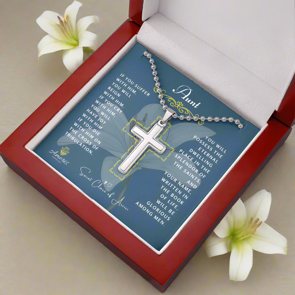Aunt Cross Necklace with Saint Clare of Assisi Quote