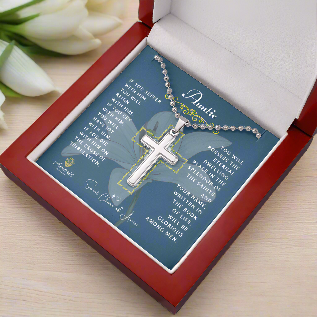 Auntie Cross Necklace with Saint Clare of Assisi Quote