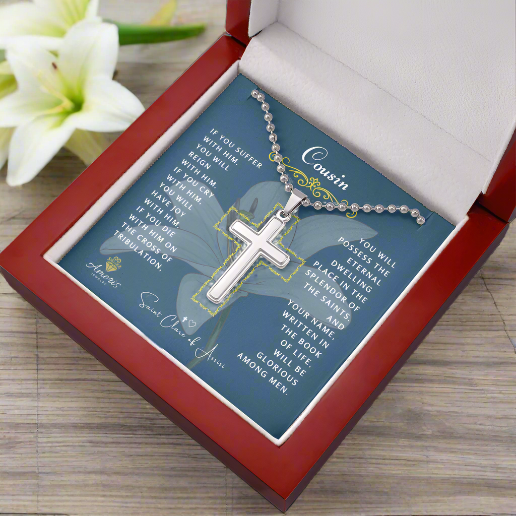 Cousin Cross Necklace with Saint Clare of Assisi Quote