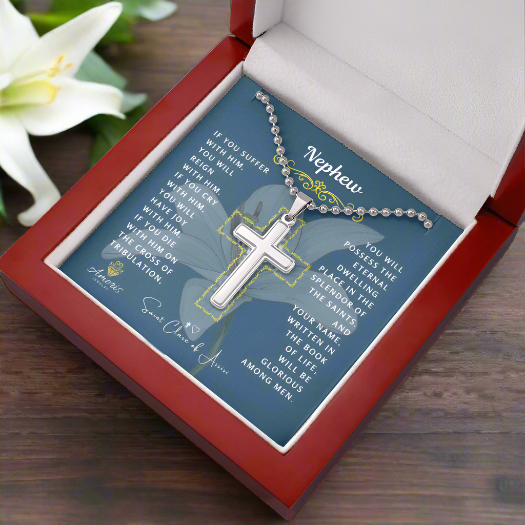 Nephew Cross Necklace with Saint Clare of Assisi Quote
