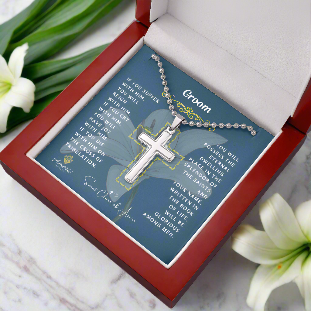 Groom Cross Necklace with Saint Clare of Assisi Quote