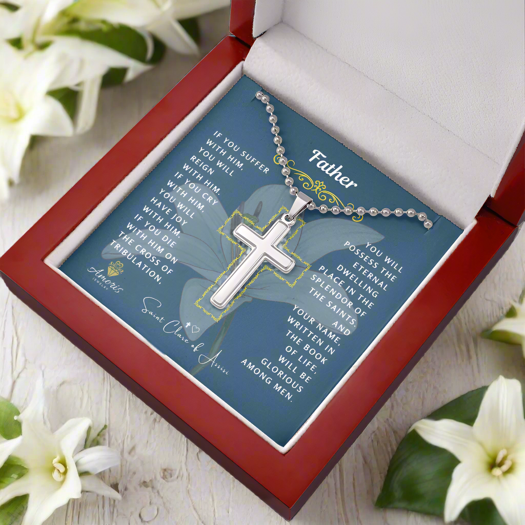 Father Cross Necklace with Saint Clare of Assisi Quote