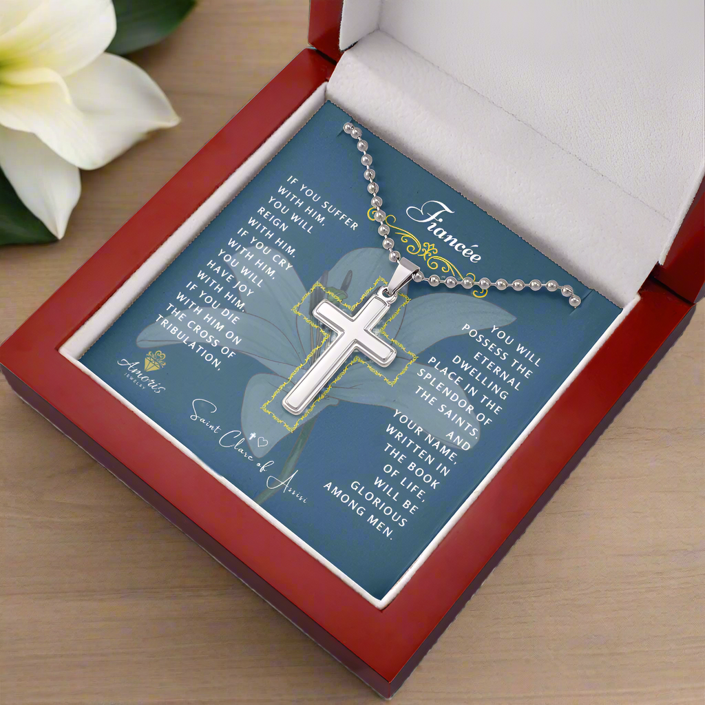 Fiancée Cross Necklace with Saint Clare of Assisi Quote