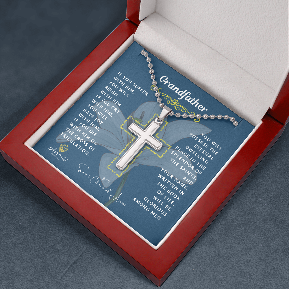 Grandfather Cross Necklace with Saint Clare of Assisi Quote
