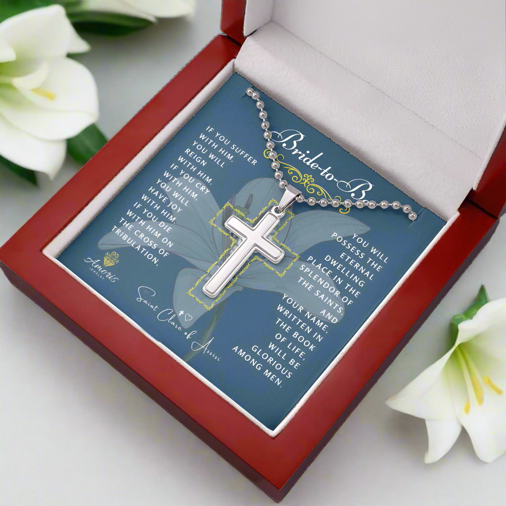 Bride-to-Be Cross Necklace with Saint Clare of Assisi Quote