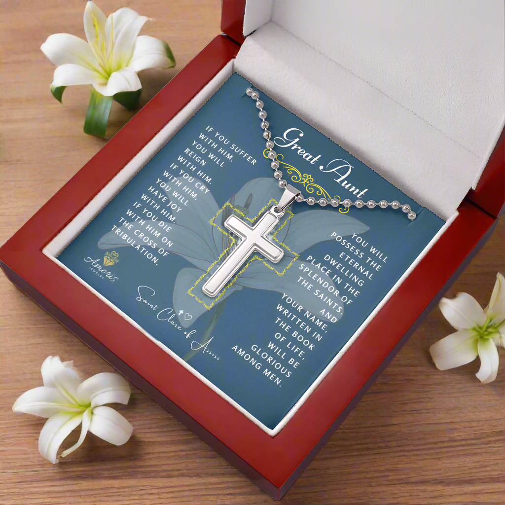 Great Aunt Cross Necklace with Saint Clare of Assisi Quote