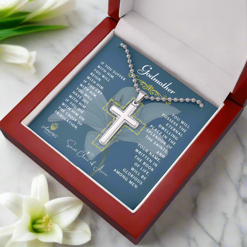 Godmother Cross Necklace with Saint Clare of Assisi Quote