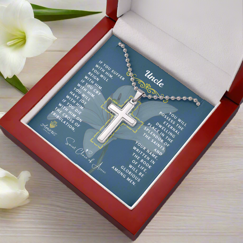 Uncle Cross Necklace with Saint Clare of Assisi Quote
