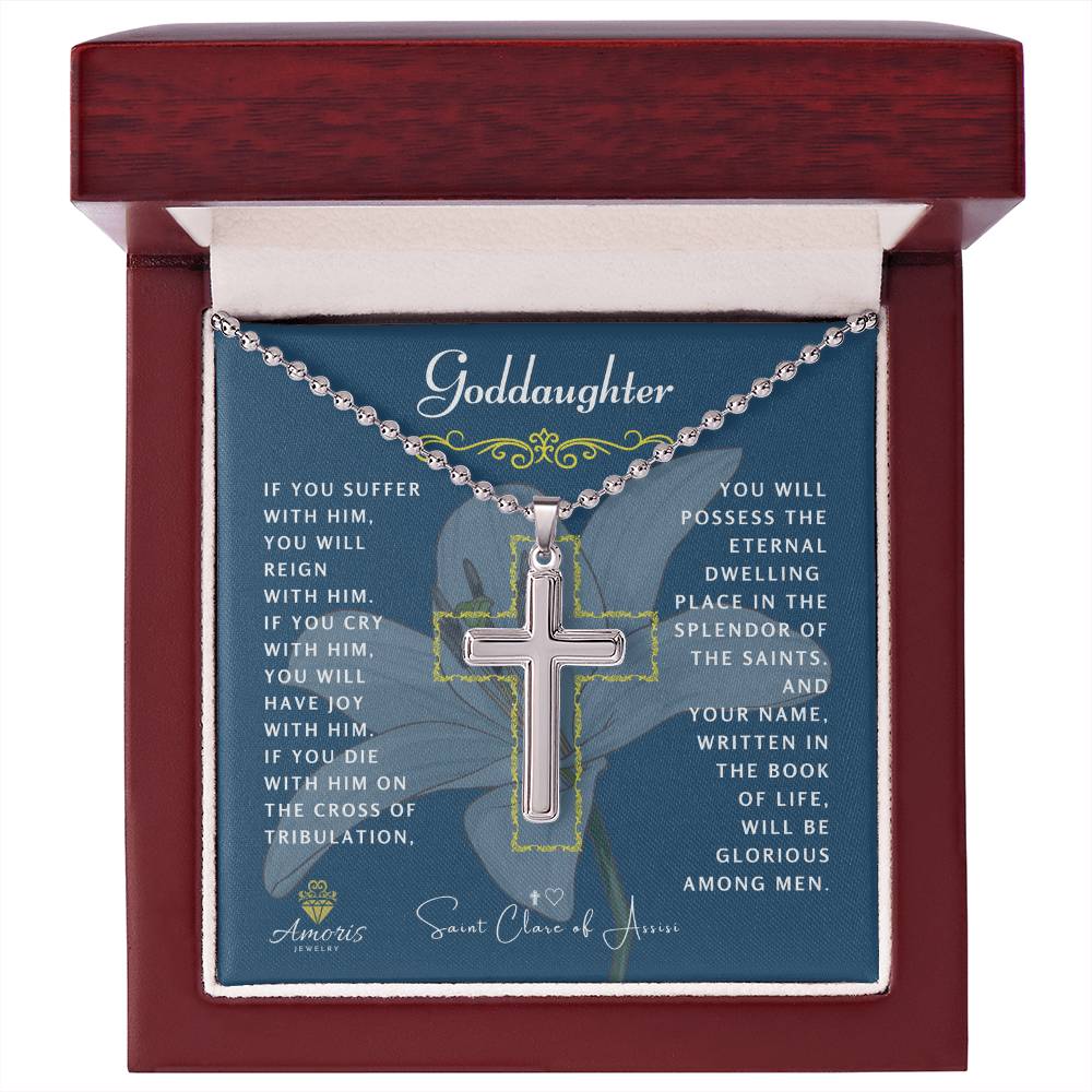 Goddaughter Cross Necklace with Saint Clare of Assisi Quote