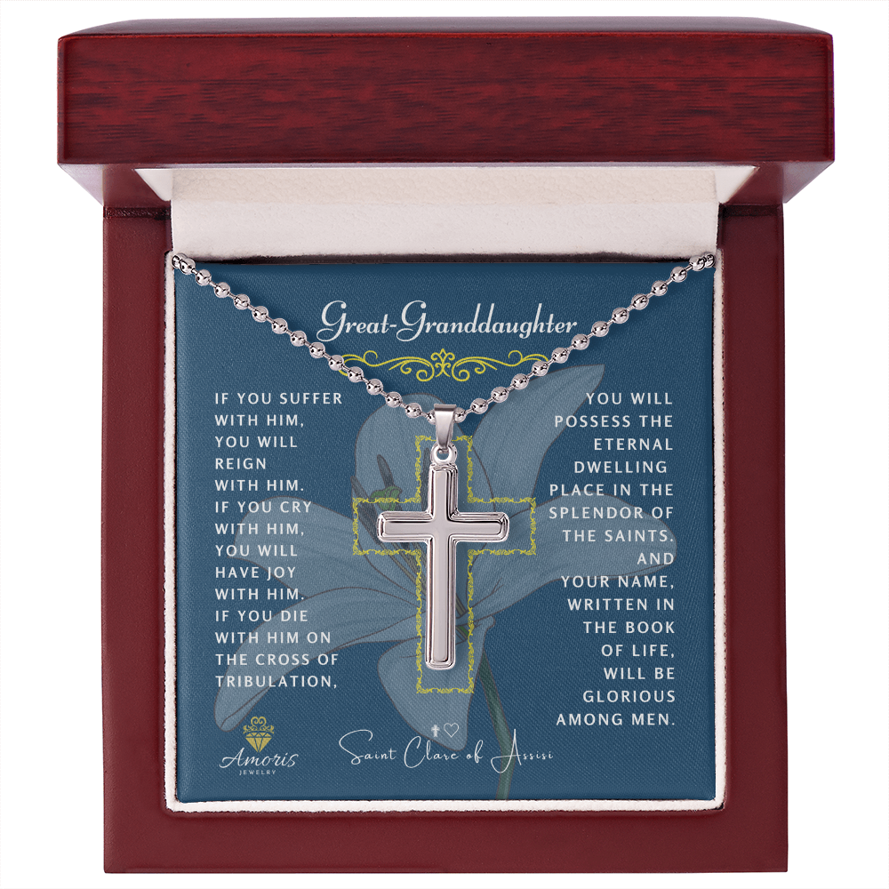 Collar de cruz de bisnieta con cita de Santa Clara de Asís