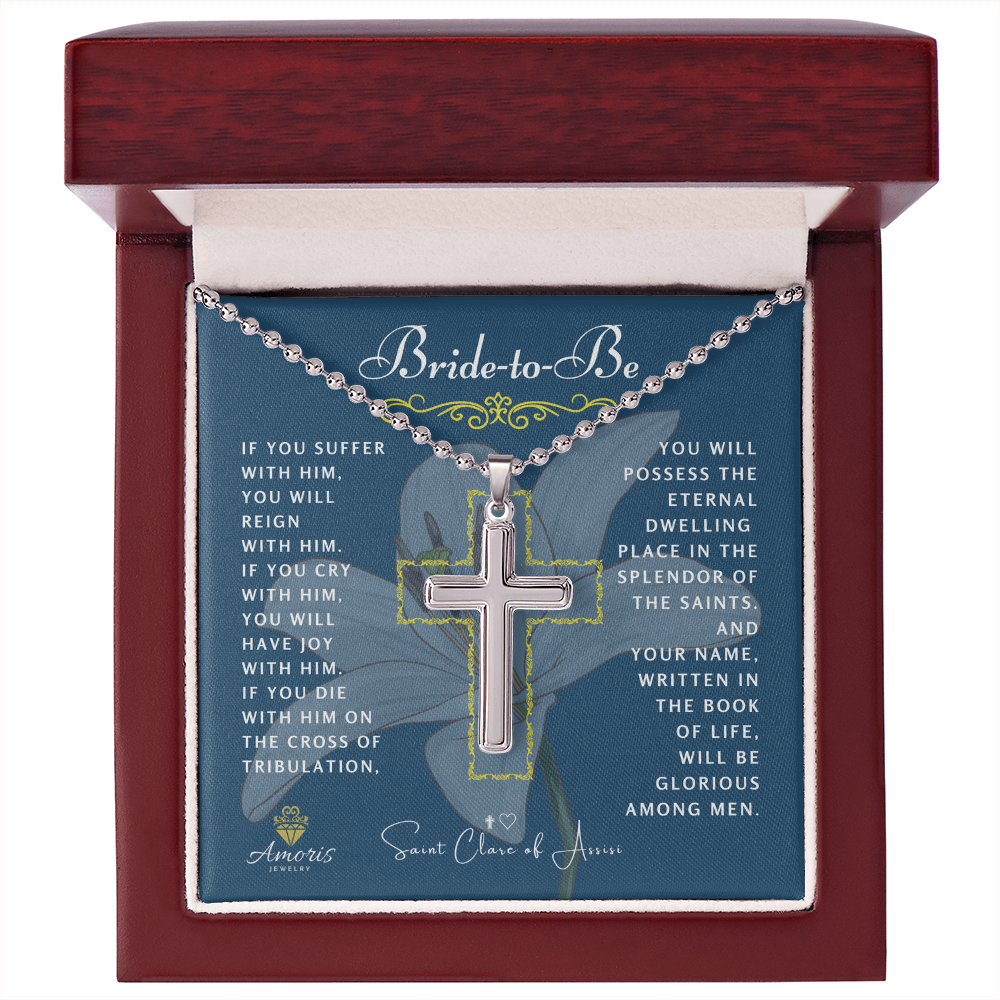 Bride-to-Be Cross Necklace with Saint Clare of Assisi Quote