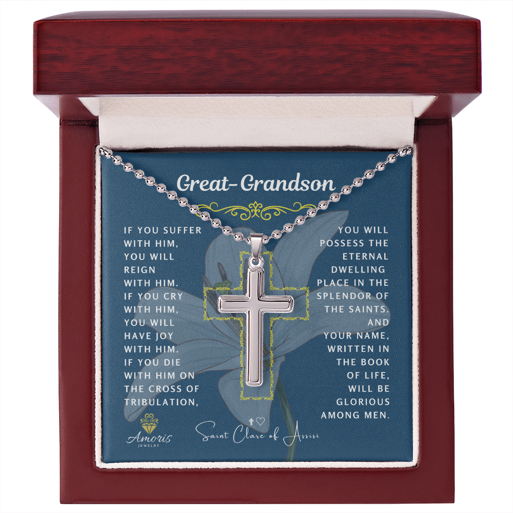 Collar de cruz de bisnieto con cita de Santa Clara de Asís
