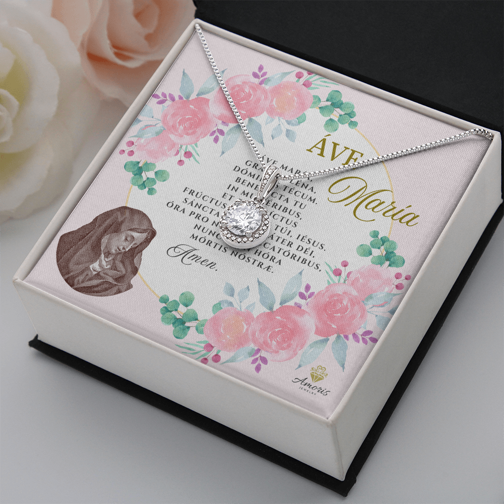 Áve María Eternal Hope Necklace with LATIN Prayer Card (with accents)