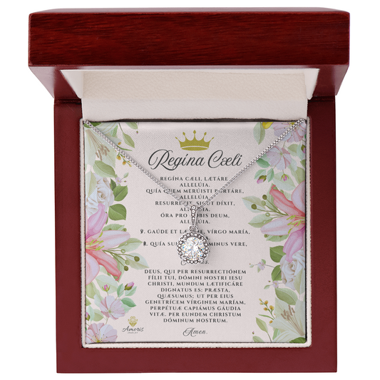 Collier Espoir Éternel Regína Cæli avec carte de prière latine (avec accents)