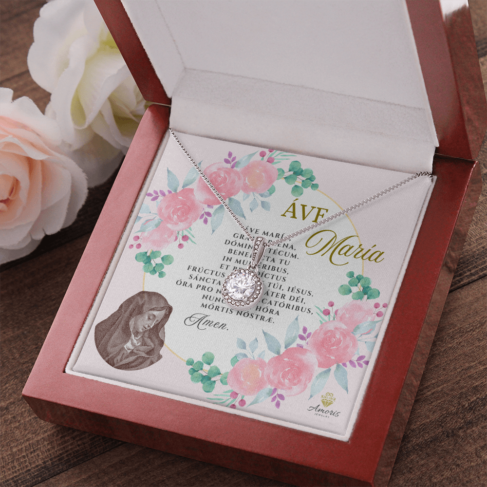 Áve María Eternal Hope Necklace with LATIN Prayer Card (with accents)