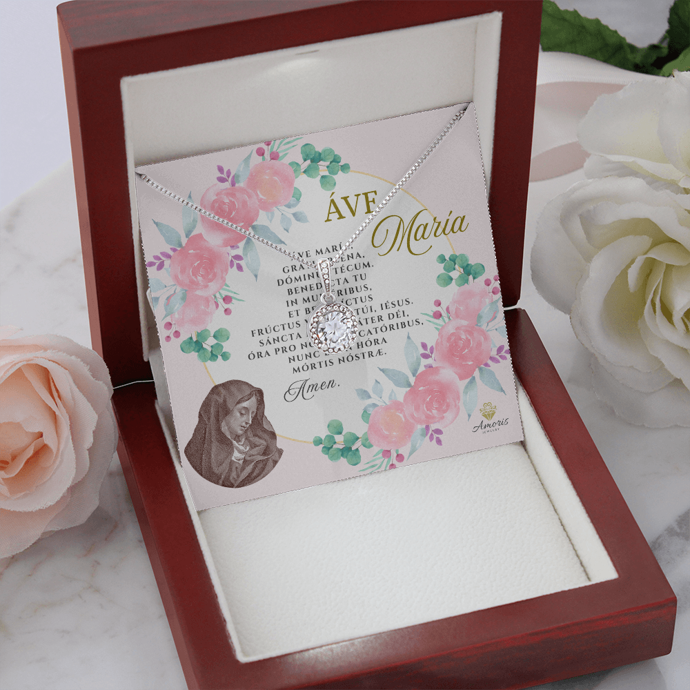 Áve María Eternal Hope Necklace with LATIN Prayer Card (with accents)