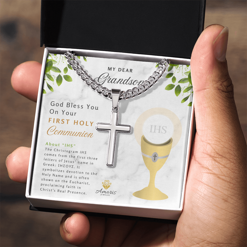 My Dear Grandson First Holy Communion Engraved Cross Necklace