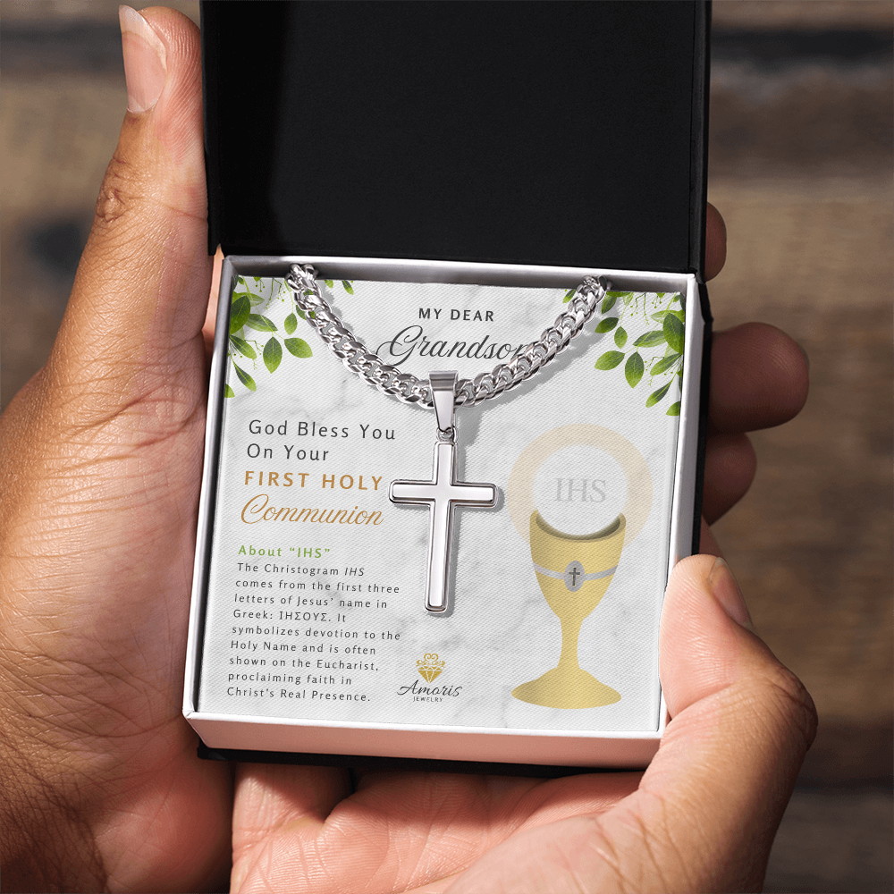 My Dear Grandson First Holy Communion Engraved Cross Necklace