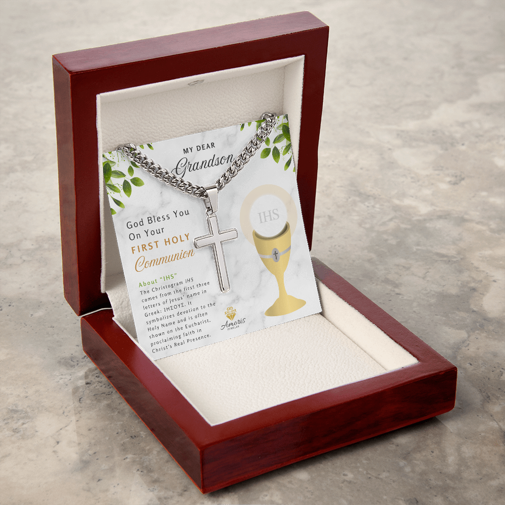 My Dear Grandson First Holy Communion Engraved Cross Necklace