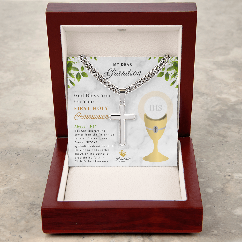 My Dear Grandson First Holy Communion Engraved Cross Necklace