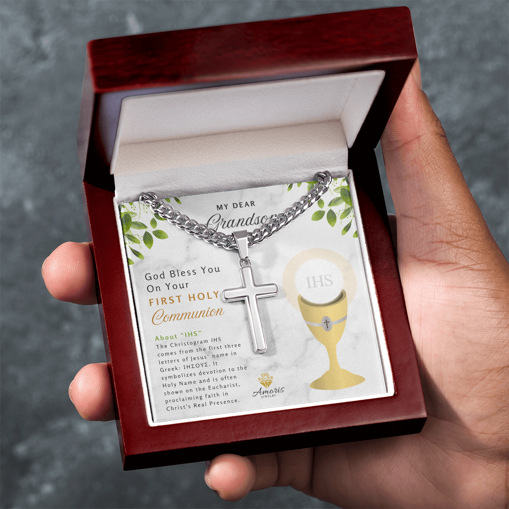 My Dear Grandson First Holy Communion Engraved Cross Necklace
