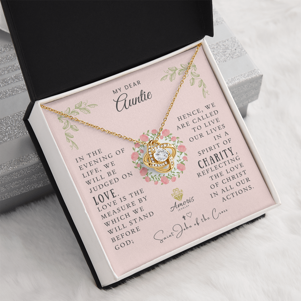 My Dear Auntie Love Knot Necklace with Saint John of the Cross Quote