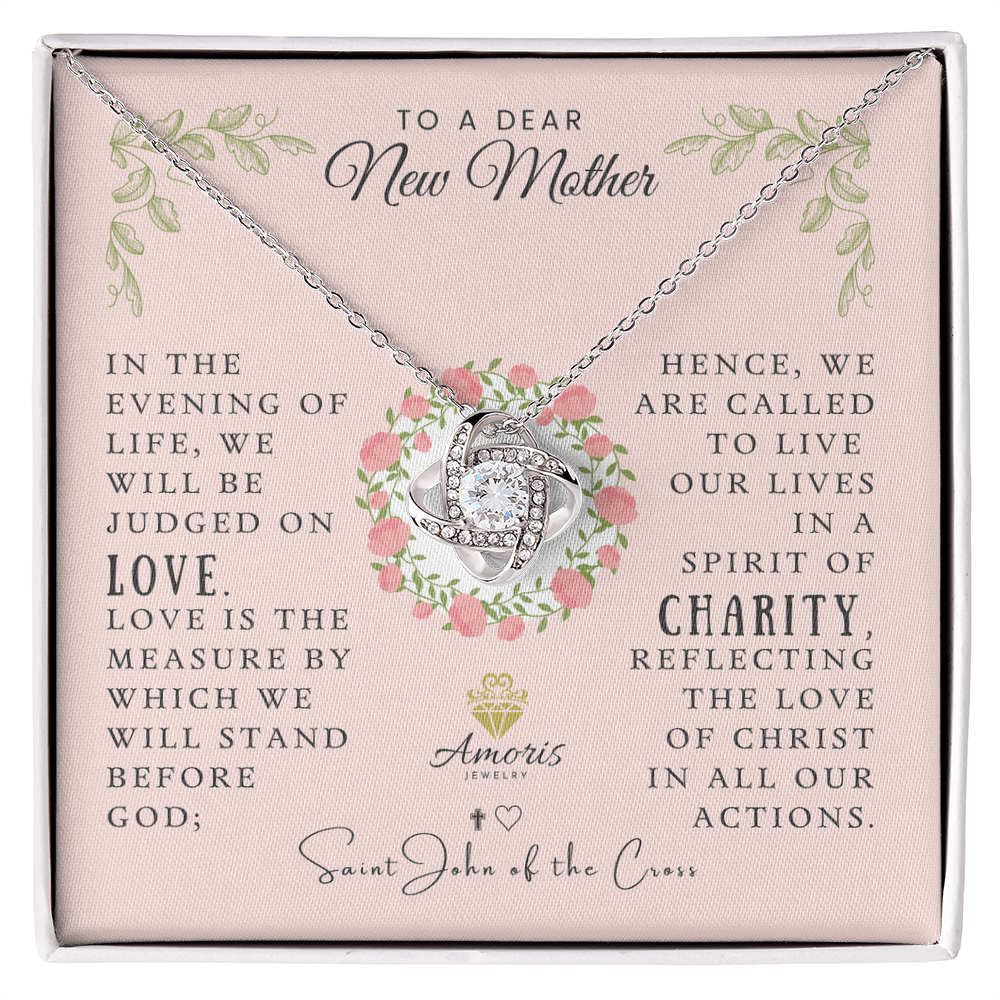 Collar con nudo de amor para una querida nueva mamá con cita de San Juan de la Cruz