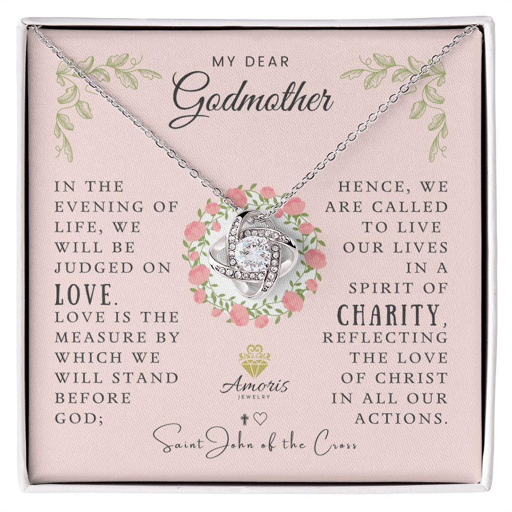 My Dear Godmother Love Knot Necklace with Saint John of the Cross Quote
