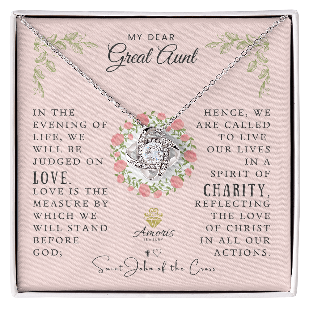 My Dear Great Aunt Love Knot Necklace with Saint John of the Cross Quote