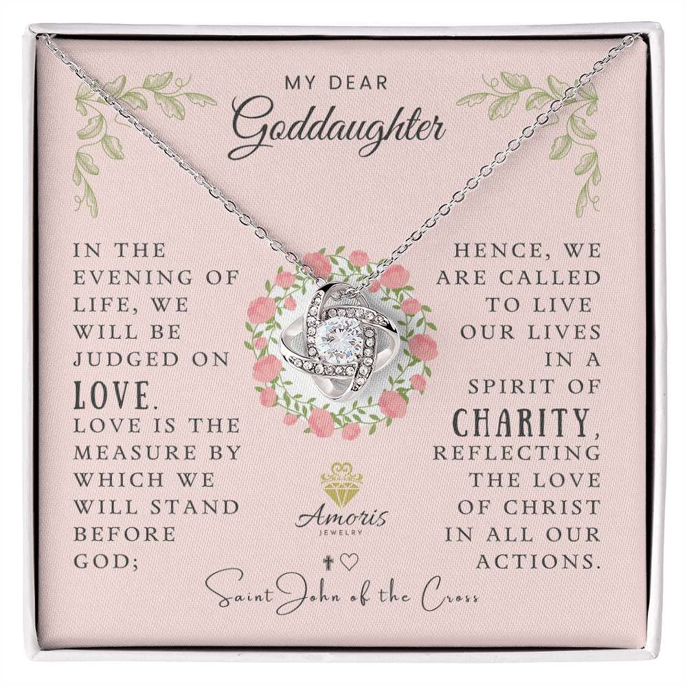 My Dear Goddaughter Love Knot Necklace with Saint John of the Cross Quote